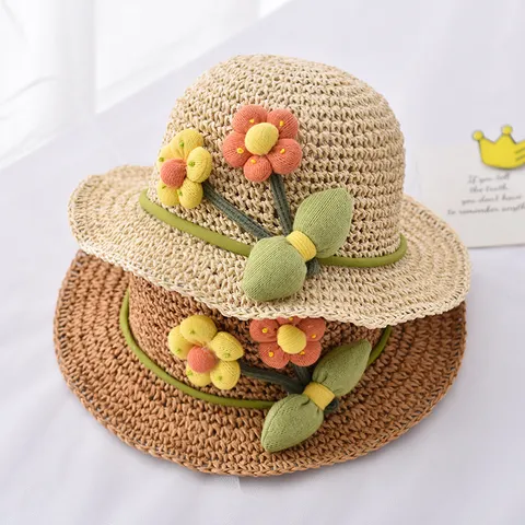 Kinder Sommer Strohhut Süße 3D Blumen Sonnenschutz Strandkappe Atmungsaktiver Gewebter Fischerhut Für Kleinkind Jungen Mädchen