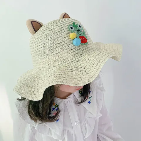 Kids Summer Straw Hat Cute Cartoon Bear Cat Ears Sun Protection Beach Fisherman Hat Toddler Baby Sun Cap