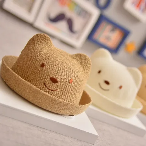 Chapeau de Paille de Protection Solaire d'Été pour Bébé Enfant Mignon Oreilles d'Animal de Dessin Animé Casquette de Plage Tissée Respirante