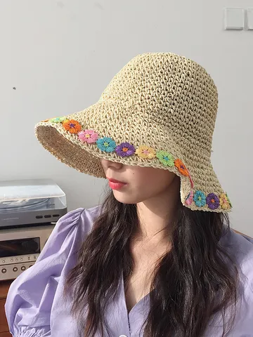 Donna Estate Paglia Cappello da Sole Pieghevole Traspirante Tessuto Spiaggia Cappello da Pescatore Con Fiori Colorati all'Uncinetto