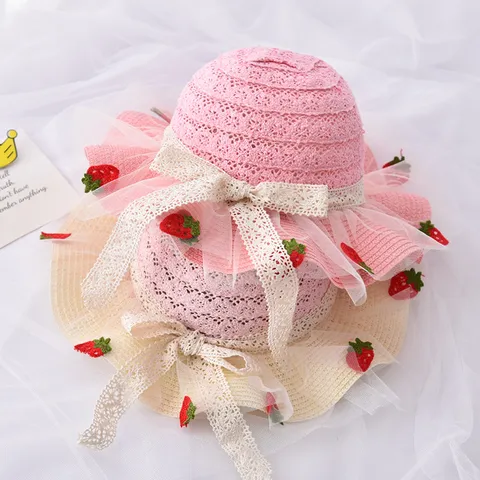 Kids Summer Straw Hat Cute Strawberry Lace Bow Sun Hat Breathable Wide Brim Beach Hat For Baby Girls