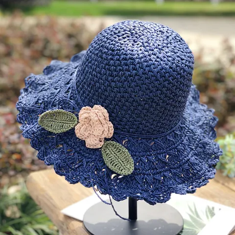 Damen Sommer Strohhut Ausgehöhlt Häkeln Blumen Breite Krempe Sonnenschutz Hut Strand Outdoor Ländlicher Stil Urlaub Kappe