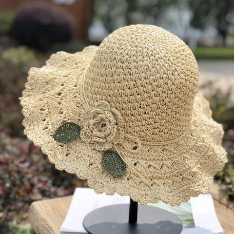 Damen Sommer Strohhut Ausgehöhlt Häkeln Blumen Breite Krempe Sonnenschutz Hut Strand Outdoor Ländlicher Stil Urlaub Kappe