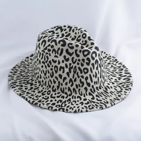 Mujeres Vintage Estampado Leopardo Lana Sombrero Fedora Ala Ancha Plano Top Jazz Gorra Otoño Invierno Casual Sombrero Protección Solar