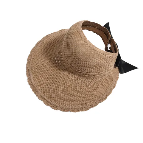 Women's Summer Straw Sun Visor Hat Wide Brim Empty Top Beach Cap With Bowknot UV Protection Casual Headwear