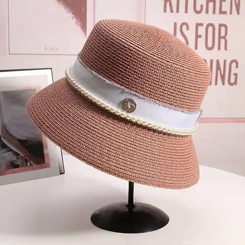 Women Summer Straw Bucket Hat Elegant Pearl Rhinestone M Logo Retro Sun Protection Fisherman Hat Beach Casual Visor Cap