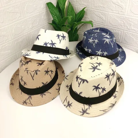 Chapeau de Paille d'Été Unisexe Fedora Britannique Protection Solaire Plage Voyage Motif de Palmiers Ruban Chapeau Panama