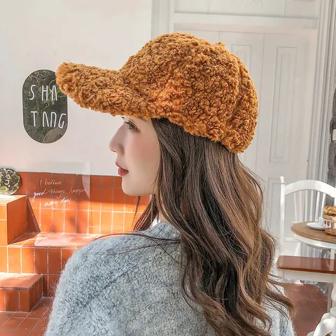 Damen Winter Warm Lammfell-Imitat Baseballkappe Einfarbig Lässig Koreanischer Stil Hut