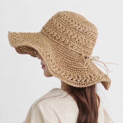 Women Wide Brim Straw Hat Foldable Beach Sun Hat Casual Korean Style Summer Vacation Travel Sun Protection Cap