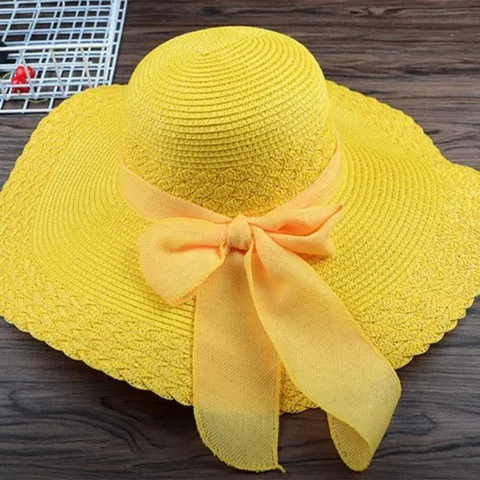 Damen Sommer Strohhut Breite Krempe Sonnenschutz Hut Schleife Strand Sonnenhut Freizeit Urlaubsutensil