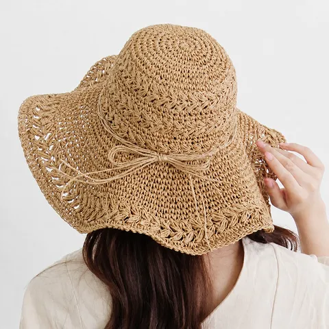 Women Wide Brim Straw Hat Foldable Beach Sun Hat Casual Korean Style Summer Vacation Travel Sun Protection Cap
