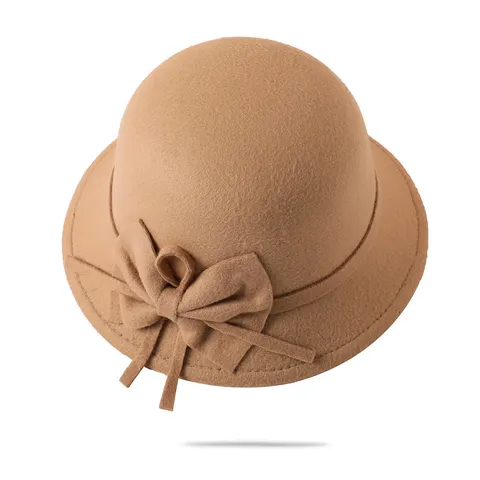 Women Fashion British Wide Brim Fedora Warm Felt Bucket Hat Elegant Bow Solid Color Casual Travel Outdoor Sun Hat