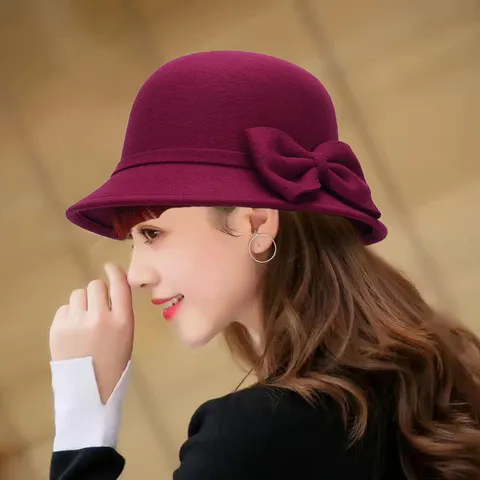 Women Fashion Bowler Hat Elegant Woolen Bucket Hat Solid Color Dome Bowknot British Style Fall Winter Casual Hat
