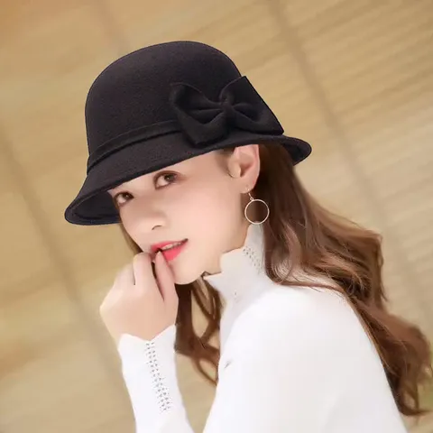 Women Fashion Bowler Hat Elegant Woolen Bucket Hat Solid Color Dome Bowknot British Style Fall Winter Casual Hat