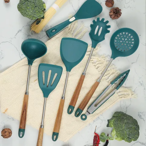 Heat Resistant Silicone Kitchen Utensils Set Wooden Handle Non Stick Cookware Spatula Soup Ladle Food Tongs Tool