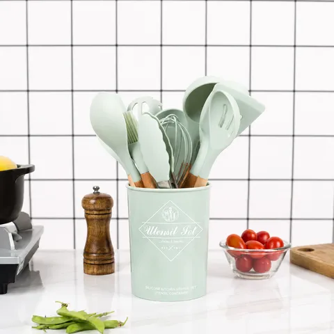 Set d'Ustensiles de Cuisine en Silicone Manche en Bois Résistant à la Chaleur Outils de Cuisson Spatule Cuillère à Soupe