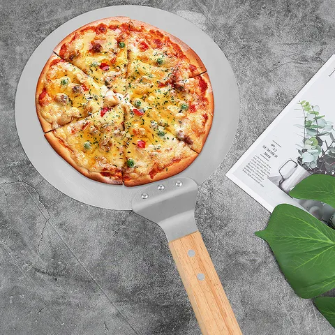Edelstahl Pizzaschaufel Runde Metall Backschaufel Großer Kuchenheber mit Holzgriff für Küche Kochen