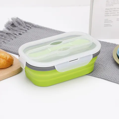 Opvouwbare Siliconen Lunchbox Enkelvoudige Draagbare Voedselcontainer Met Vork Geschikt voor Magnetron Bento Box Voor Volwassenen