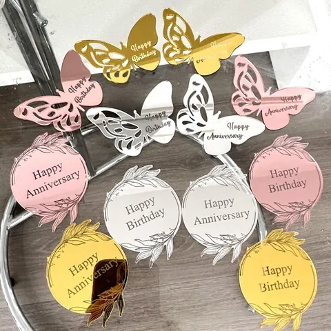 Laser Cut Acrylic Cake Topper Happy Birthday Happy Anniversary Butterfly Floral Ring Desserts Table Party Decoration