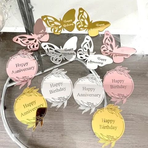 Laser Cut Acrylic Cake Topper Happy Birthday Happy Anniversary Butterfly Floral Ring Desserts Table Party Decoration