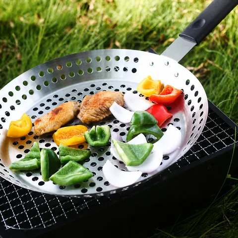 Multi-functional Stainless Steel BBQ Grill Pan Round Pizza Tray With Handle For Outdoor Camping Cooking