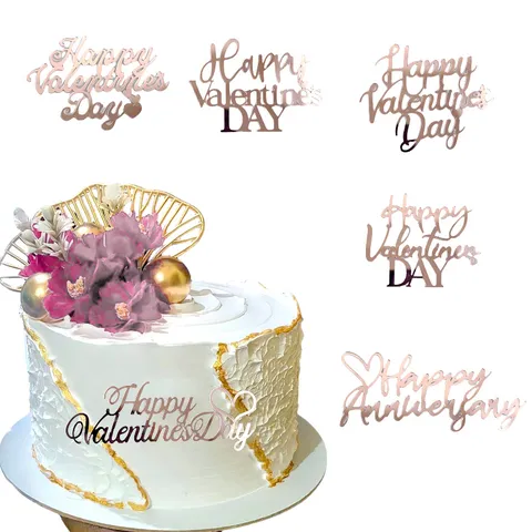 Decoración de Pasteles de Acrílico Espejo Oro Oro Rosa Hueco Feliz Día de San Valentín Aniversario Letra Arte Evento Pastelería