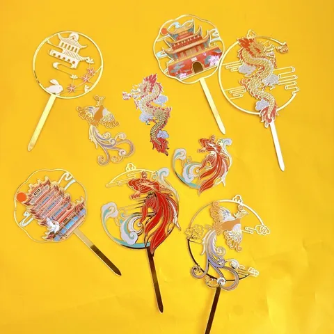 Chinese Style Acrylic Cake Topper Dragon Phoenix Koi Fish Pattern Gold Edge Color Printed Cake Decorations For New Year Birthday Party Decor