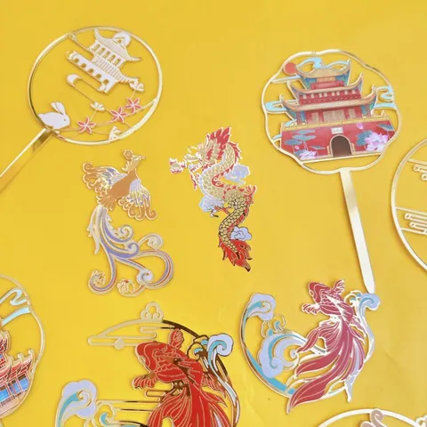Chinese Style Acrylic Cake Topper Dragon Phoenix Koi Fish Pattern Gold Edge Color Printed Cake Decorations For New Year Birthday Party Decor
