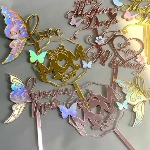 Acrylic Happy Mother's Day Cake Topper Iridescent Butterfly Best Mom Ever Decoration Gold Rose Gold Mirror Party Supplies