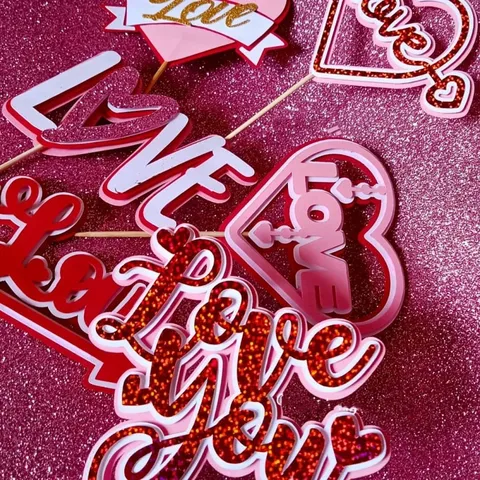 Valentine's Day Paper Cake Topper Love Heart Glitter Cake Decoration Ins Style Romantic Party Supplies For Anniversary Wedding