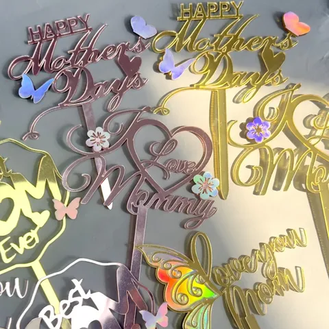 Acrylic Happy Mother's Day Cake Topper Iridescent Butterfly Best Mom Ever Decoration Gold Rose Gold Mirror Party Supplies