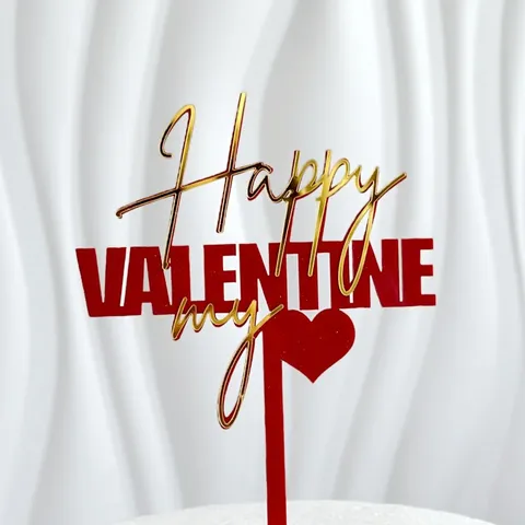Red Gold Double Layer Acrylic Heart Cake Topper Happy Valentine's Day Love Rose Flower Cake Decoration For Wedding Party