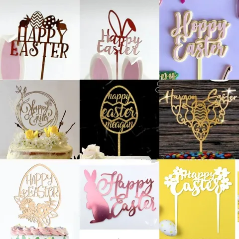 Acryl Happy Easter Kuchendekoration Ostern Hase Ei Blume Hohl Spiegel Gold Roségold Holz Kuchenstecker Osterparty Deko Bedarf
