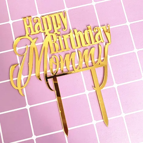 Adorno para Tarta de Acrílico Feliz Cumpleaños Mamá Papá Letras Espejo Dorado Decoración de Pastel para Fiesta de Cumpleaños