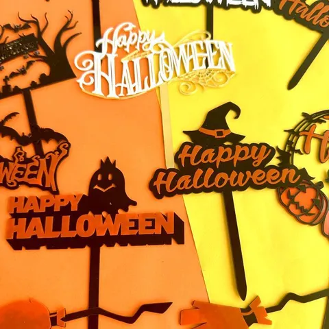 Acrylic Halloween Cake Topper Double Layer Castle Bat Witch Pumpkin Silhouette Design For Party Cake Decoration Supplies
