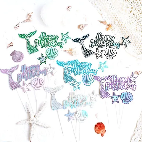 Mermaid Theme Cake Topper Set Glitter Fish Tail Shell Starfish Happy Birthday Cake Decoration For Birthday Party