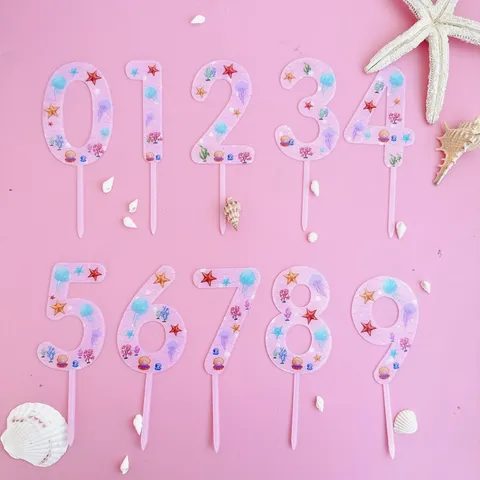 Pink Ocean Theme Acrylic Number Cake Toppers Shell Starfish Jellyfish Mermaid Scale Birthday Party Cake Decorations