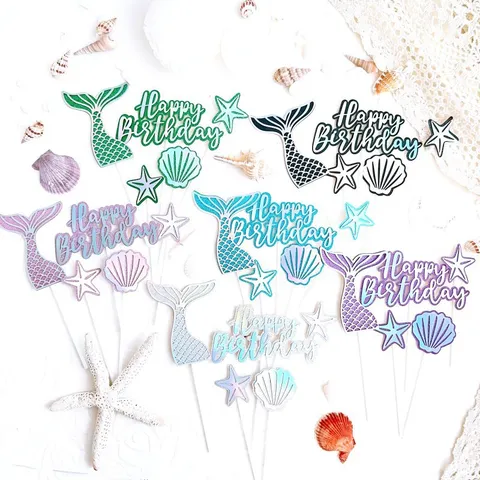 Mermaid Theme Cake Topper Set Glitter Fish Tail Shell Starfish Happy Birthday Cake Decoration For Birthday Party