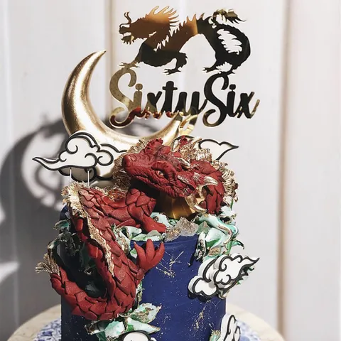 Chinese Dragon Auspicious Clouds Cake Topper Gold Acrylic Birthday Cake Decoration Party Supplies Dessert Table Decor