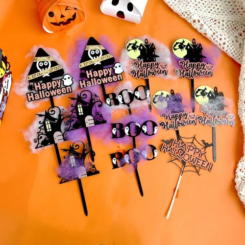 Halloween Acrylic Cake Topper Set Ghost Pumpkin Witch Castle Party Decoration Cupcake Topper Ins Style Dessert Table Decor
