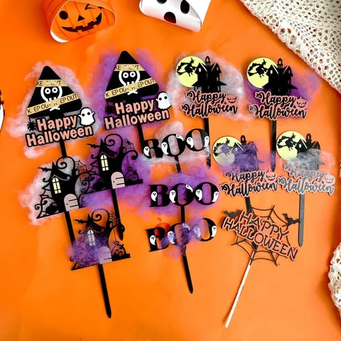 Halloween Acrylic Cake Topper Set Ghost Pumpkin Witch Castle Party Decoration Cupcake Topper Ins Style Dessert Table Decor