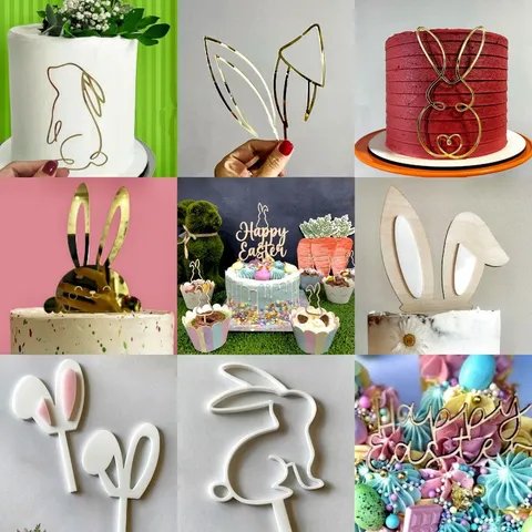 Easter Acrylic Cake Topper Cute Bunny Rabbit Shape Mirror Gold Dessert Decorative Insert For Holiday Party Pastry Decoration
