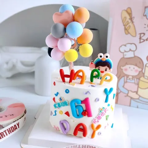 Decoración de Pasteles de Pegamento Suave Acrílico Multicolor Feliz Día del Niño Cumpleaños Fiesta Horneado Letra Número Globo