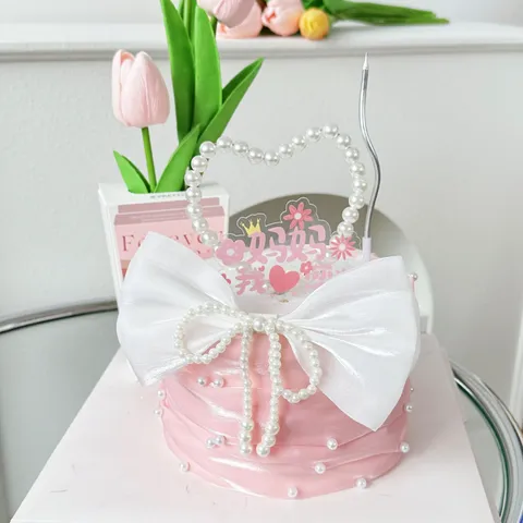 Muttertag Kuchendekoration Acryl Einsatz Rosa Seide Perle Band Schleife Kuchen Topper Party Dekor Zubehör