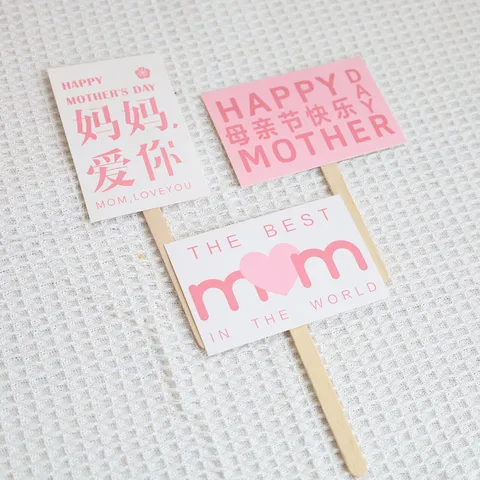 Mother's Day Cake Topper Collection Pink Flower Mom Theme Acrylic Paper Card Ribbons For Festive Baking Party Decorations
