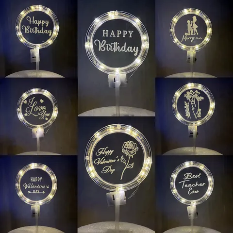 LED Fotizonto Akriliko Cake Topper Charoumena Genethlia Pantrepsou me Imera tou Agiou Valentinou Party Diakosmisi Tortas