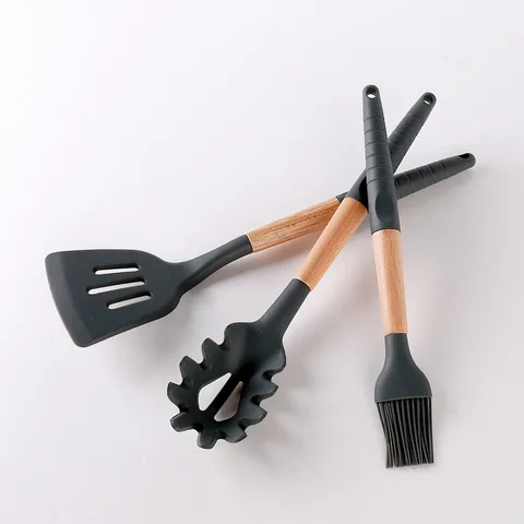 Silicone Kitchen Utensils Wooden Handle Heat-Resistant Non-Stick Cooking Tools Spatula Ladle Turner Kitchen Set