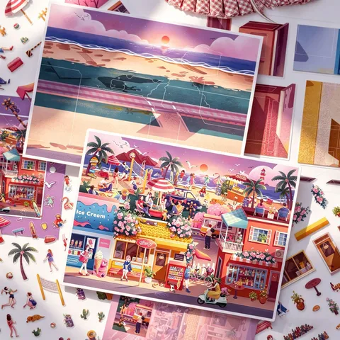Californische Kust Schemering 3D Miniatuur Scène PET Sticker Set DIY Journal