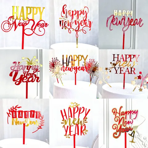 Happy New Year Acrylic Cake Topper Mirror Red Gold Star Party Cake Decoration New Year Celebration Dessert Decor