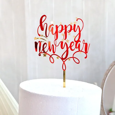 Happy New Year Acrylic Cake Topper Mirror Red Gold Star Party Cake Decoration New Year Celebration Dessert Decor